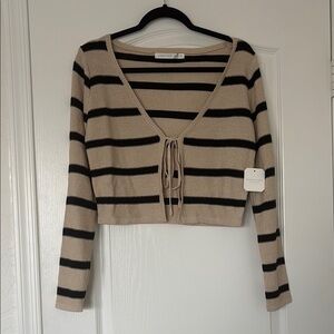 NWT Altar’d State Beige and Black Striped Tie Front Cropped Sweater